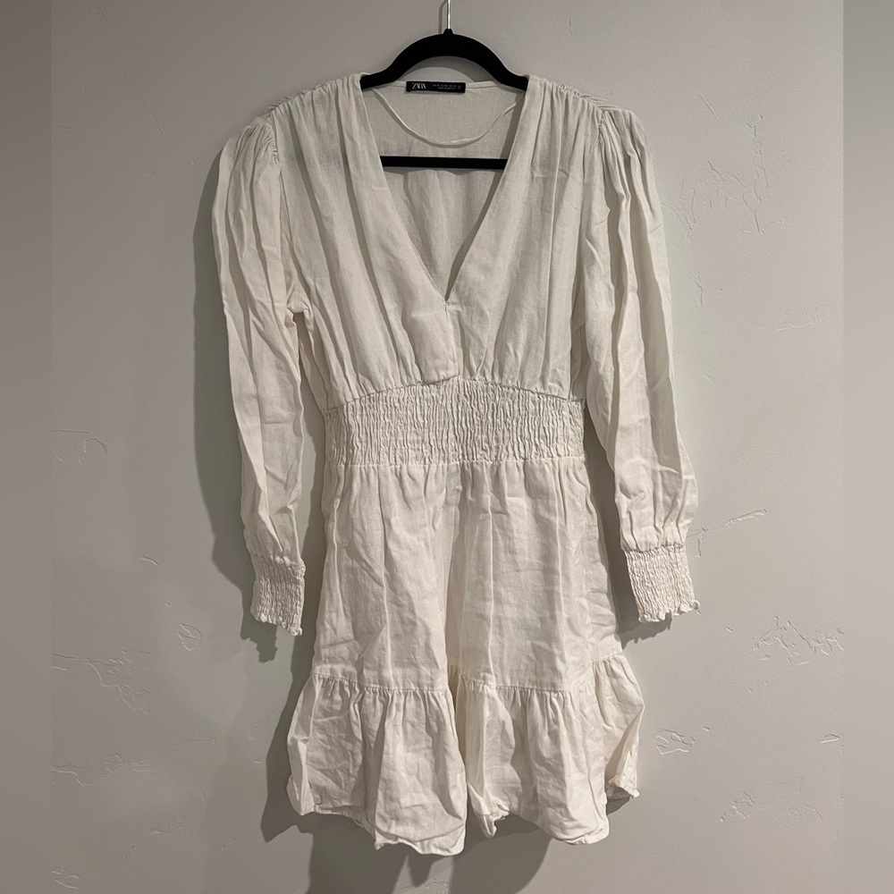 Zara Linen White Smocked Dress